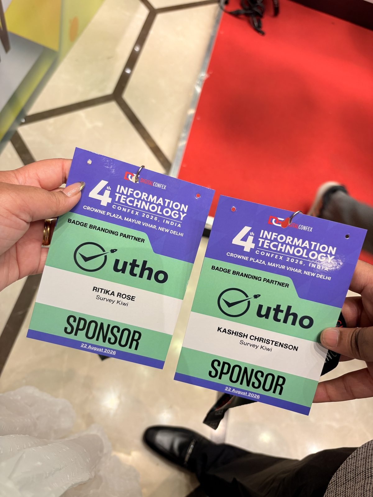 Survey Kiwi sponsor badges for Ritika Rose and Kashish Christenson at the 4th Information Technology Confex 2026